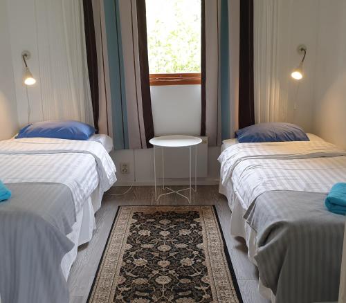 a room with two beds and a table and a window at Eckerö Camping & Stugor in Eckerö