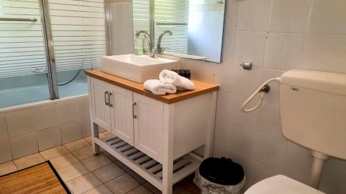 a bathroom with a sink and a toilet and a mirror at Olives in Arad