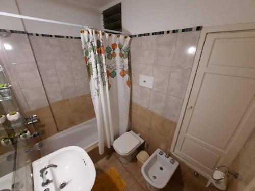 a bathroom with a toilet and a shower and a sink at Hermoso Departamento centrico in Córdoba