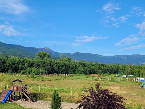 a playground in a field with mountains in the background at Apartamenty Malinówka pod Śnieżką in Kowary
