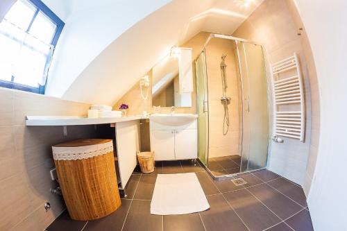 La salle de bains est pourvue d'une douche et d'un lavabo. dans l'établissement House Trta, à Ljubljana