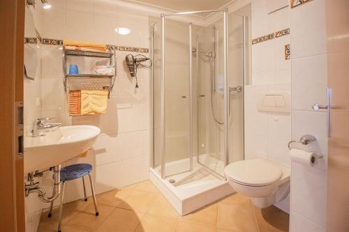 a bathroom with a shower and a toilet and a sink at Haus Niedermättle in Oppenau