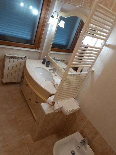 a bathroom with a sink and a mirror and a toilet at Appartamento L'Acero in Cupello
