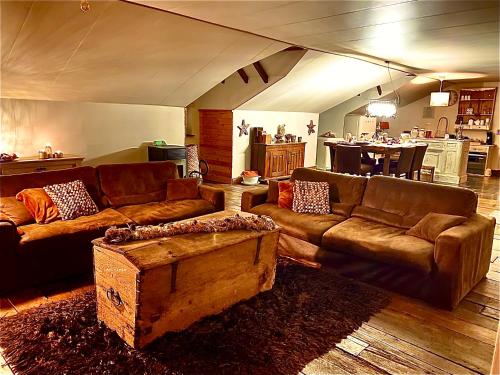 a living room with brown couches and a table at Thermes Oppidum in Theux