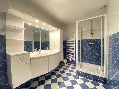 een badkamer met een wastafel, een douche en een spiegel bij Callantsoger Staete A304 in Callantsoog