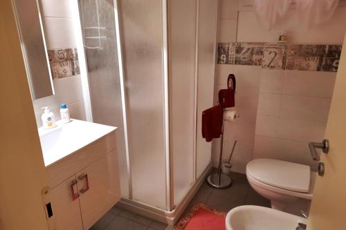 een badkamer met een douche, een toilet en een wastafel bij #10ilnumeroperfetto, independent entrance, private parking & garten in Morbio Inferiore
