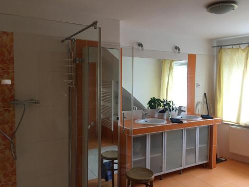 uma casa de banho com 2 lavatórios e um chuveiro em Ubytování Husova 842 em Turnov