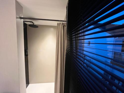 a bathroom with a shower curtain and a window at Boutique Hotel Le Faucon in Valkenburg