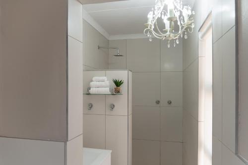 La salle de bains est pourvue d'une douche et d'un lustre. dans l'établissement The Falls Guest House, à Augrabies