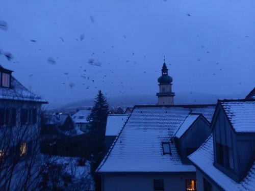 widok na śnieżne miasto z latarnią morską w obiekcie Aalens schönste Aussicht w mieście Aalen