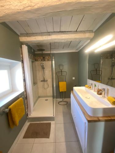 y baño con ducha y lavamanos. en Maison de charme au cœur des vignes et Gironde, en Gauriac