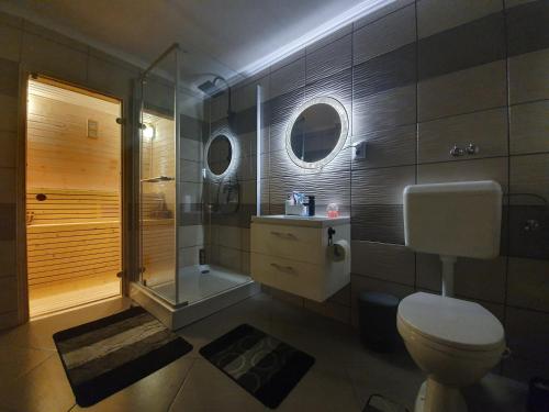 uma casa de banho com um WC, um chuveiro e um lavatório. em Cabana DEMI em Gheorgheni
