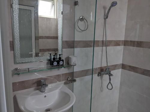 y baño con lavabo y ducha. en ViLa Hà Huy Tập en Ấp Xuân An