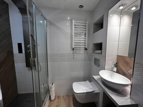 a bathroom with a shower and a toilet and a sink at Selment Resort in Ełk