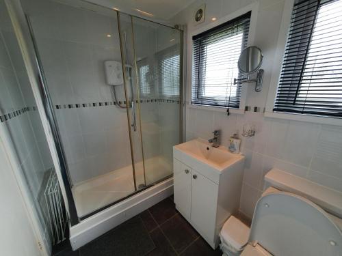 a bathroom with a shower and a toilet and a sink at Lovely 5 Berth Chalet In Hemsby Nearby Great Yarmouth Ref 73034c in Hemsby