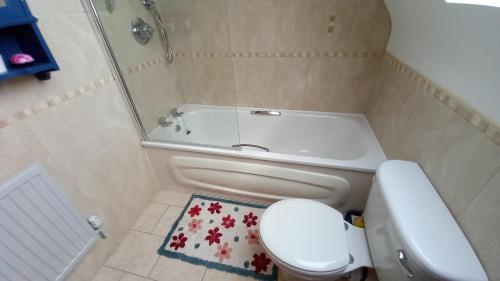 a small bathroom with a toilet and a bath tub at Idyllic 3-Bed House minutes from village & beach in Rathmullan