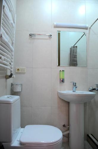 a white bathroom with a toilet and a sink at Janika apartments in Tbilisi City