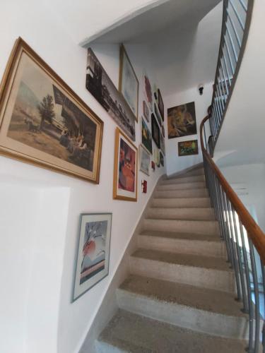 a stairway with pictures on the walls and pictures on the wall at Mill House Apartment and Camping in Ljutomer