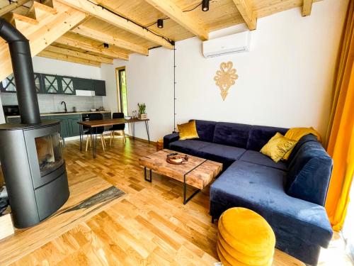 a living room with a blue couch and a fireplace at Leśne Zacisze Iwkowa in Iwkowa