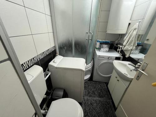 een kleine badkamer met een toilet en een wastafel bij Mickitos MM Apartment in Skopje