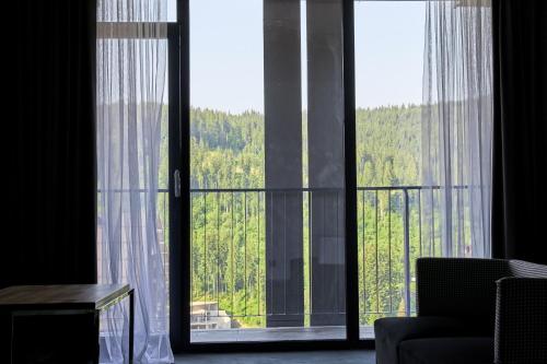 a room with a large window with a view at Fomich Residence in Bukovel