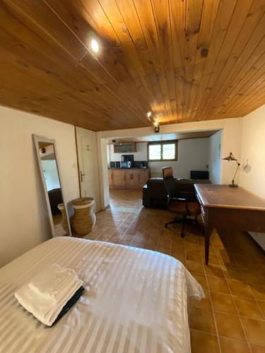 ein Schlafzimmer mit einem Bett und einem Schreibtisch sowie ein Wohnzimmer in der Unterkunft Chez Corinne in Alex