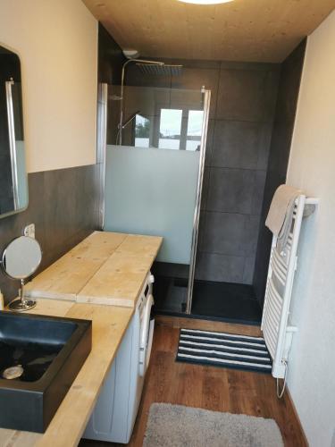 una pequeña cocina con encimera y fregadero en Superbe appartement neuf avec terrasse, en Orchamps-Vennes