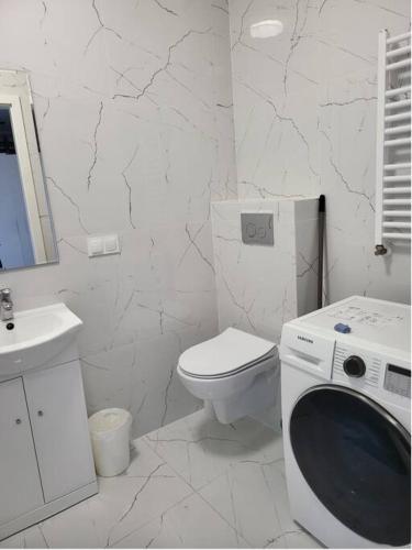 uma casa de banho branca com um WC e uma máquina de lavar roupa em JR APARTMEMT #2 - Slubice Center em Słubice