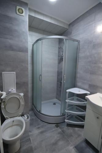 ein Bad mit einer Dusche, einem WC und einem Waschbecken in der Unterkunft Green Gardens Apartment by LMG in Sofia