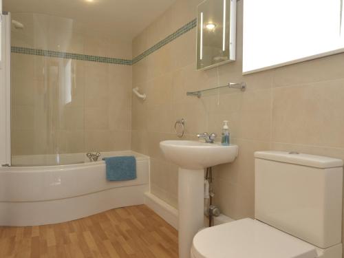 a bathroom with a toilet and a sink and a bath tub at Parsonage Farm Cottage in Newton Ferrers