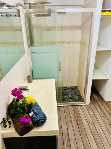 a bathroom with a shower and a sink with flowers on it at Jolie petite Villa sur une presqu’île in Le Gosier