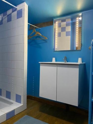 uma casa de banho azul com um lavatório e um chuveiro em La Fromagerie em Saint-Martin-le-Vieux