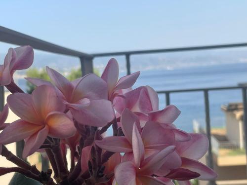 Un mazzo di fiori rosa in un vaso di Casa Cannoni - Delizioso Appartamento Fronte Mare vista Stretto di Messina a Messina