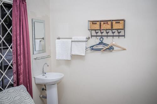 ein weißes Bad mit einem Waschbecken und einem WC in der Unterkunft Sonja's Guesthouse in Zanderij