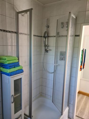 eine Dusche mit Glastür im Badezimmer in der Unterkunft Ferienhaus am Südstrand Borkum in Borkum