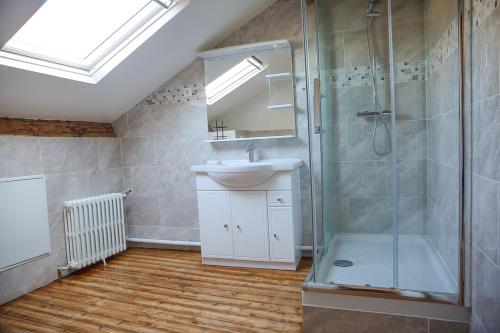 een badkamer met een wastafel en een douche bij CROIX BLANCHE - LE LOGIS in Tournan-en-Brie