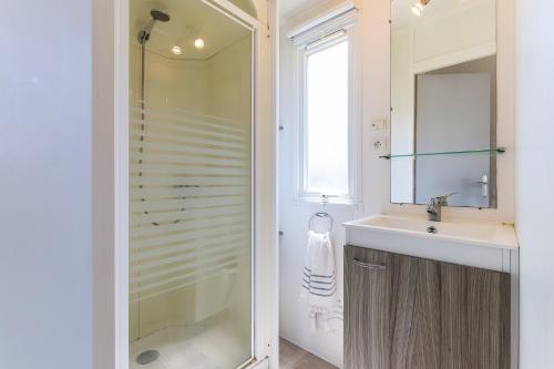 een badkamer met een douche, een wastafel en een spiegel bij Vita Portucale ! Country House with Garden in Charneca