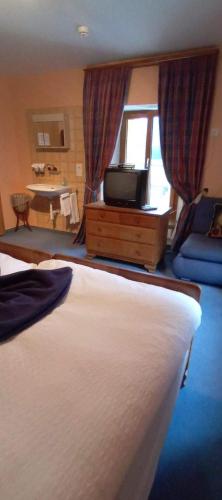 a hotel room with two beds and a television at Garni Fluela Susch in Sur