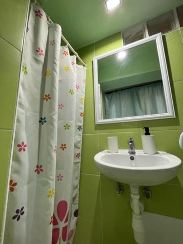 un bagno verde con lavandino e specchio di Holiday Gole Alcantara Graniti Room a Graniti