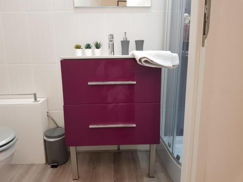 een paarse kast in een badkamer naast een toilet bij APPARTEMENT BANDOL in Bandol