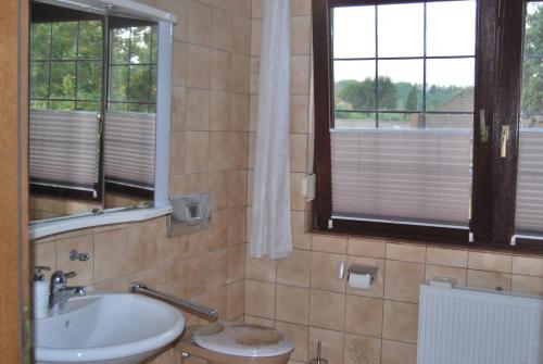 bagno con lavandino, servizi igienici e finestre di STORCHENALLEE a Burg