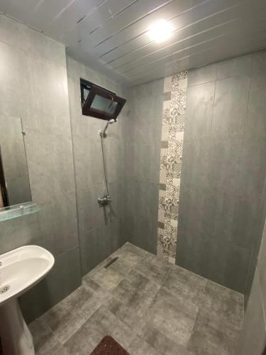 uma casa de banho com um chuveiro, um lavatório e um espelho. em HovSer em Yerevan