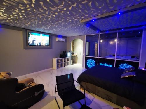 een slaapkamer met een bed en een tv aan de muur bij Medusa spa 34 in Montpellier