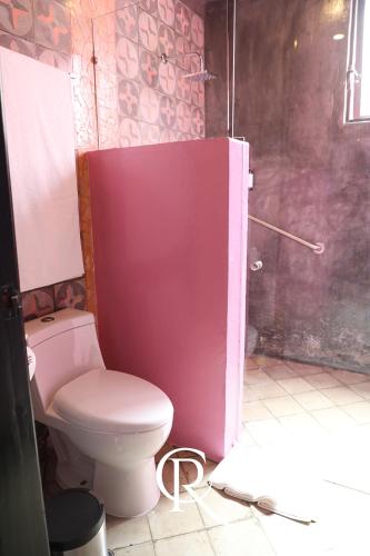 a bathroom with a toilet and a pink wall at Casa Rosa Hotel & Spa in San Cristóbal de Las Casas