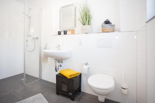 a white bathroom with a toilet and a sink at NaturLiebe in Winterberg