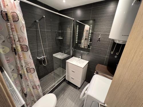 a bathroom with a shower and a toilet and a sink at Apartment Maestral with sea view in Pržno