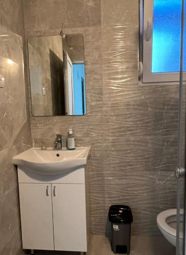 a bathroom with a sink and a mirror and a toilet at Relax Apartmani in Sutomore