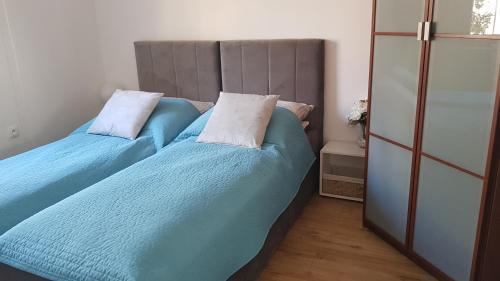 1 dormitorio con 2 camas con sábanas azules y armario en Apartament przy Parku Centralnym, en Gdynia