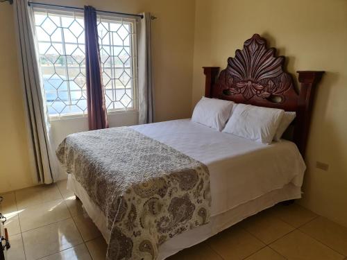 a bedroom with a large bed and two windows at Chad's Island Retreat in Spanish Town