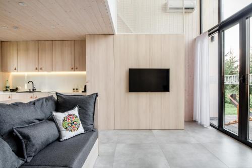 a living room with a couch and a tv on a wall at Czarne Domki in Zwierzyniec